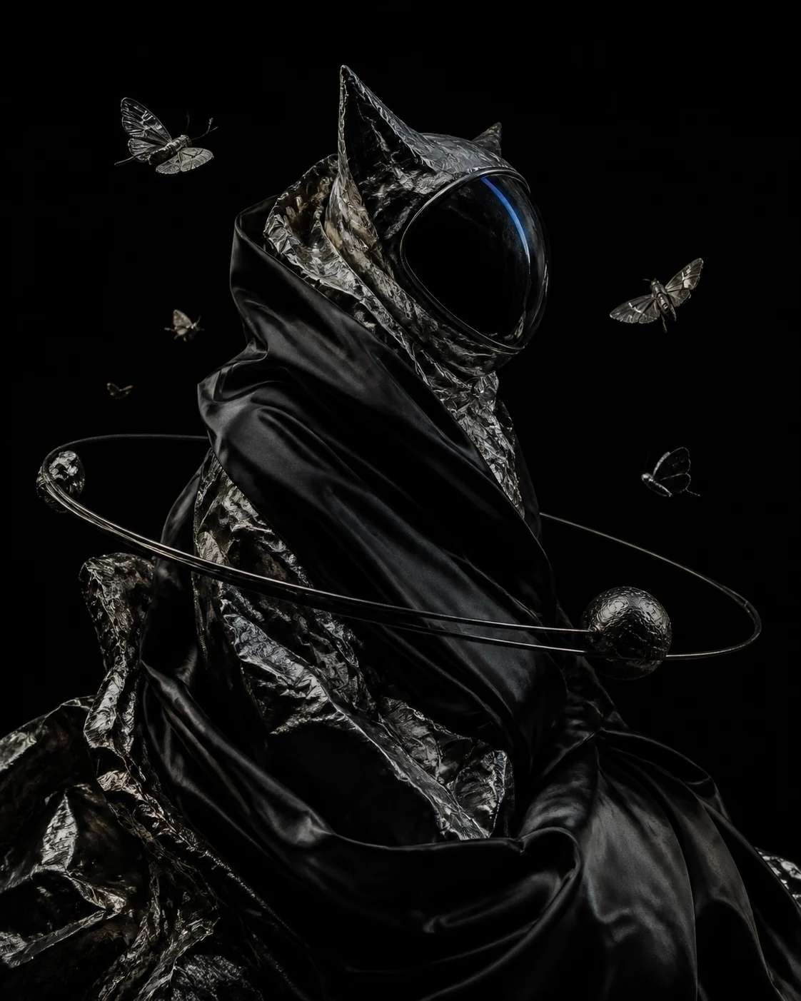Sculptural feline explorer surrounded by celestial moths