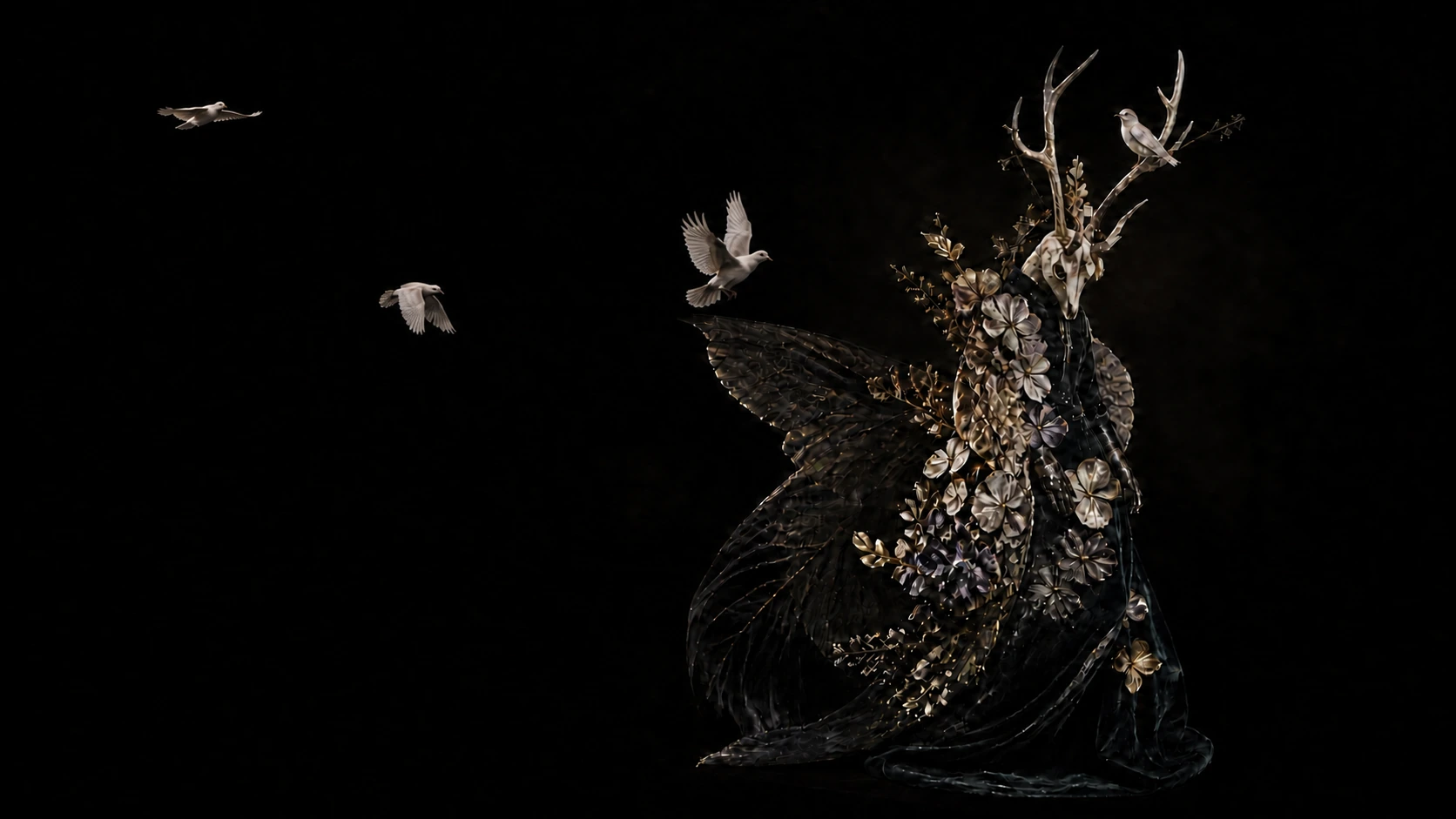 Gothic moth-deer guardian as three pale doves approach across the dark and one bird perches on its antler